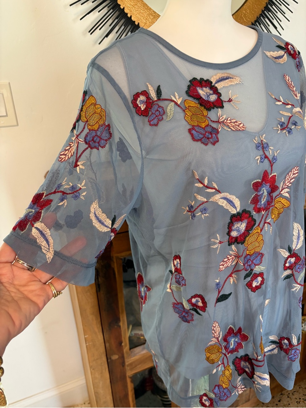 LOGO by Lori Goldstein BLUE Embroidered Mesh Short Sleeve Top! LAVISH!